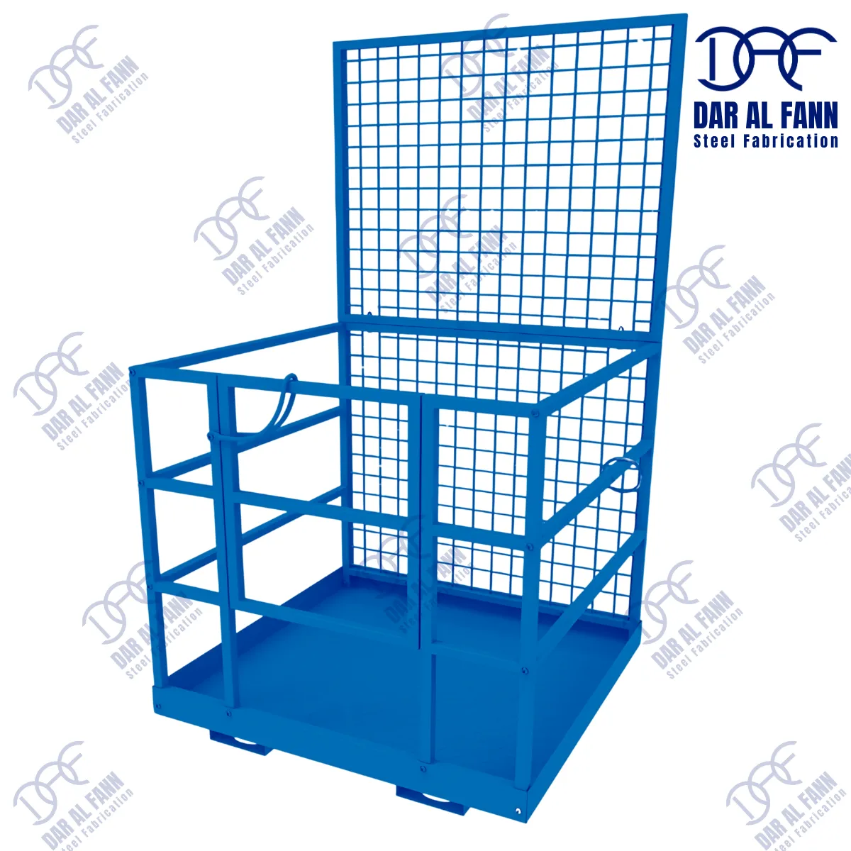 Forklift man working platform cage for UAE warehouse and construction use. Steel cages designed to attach to forklifts, providing elevated access with secure fall protection.