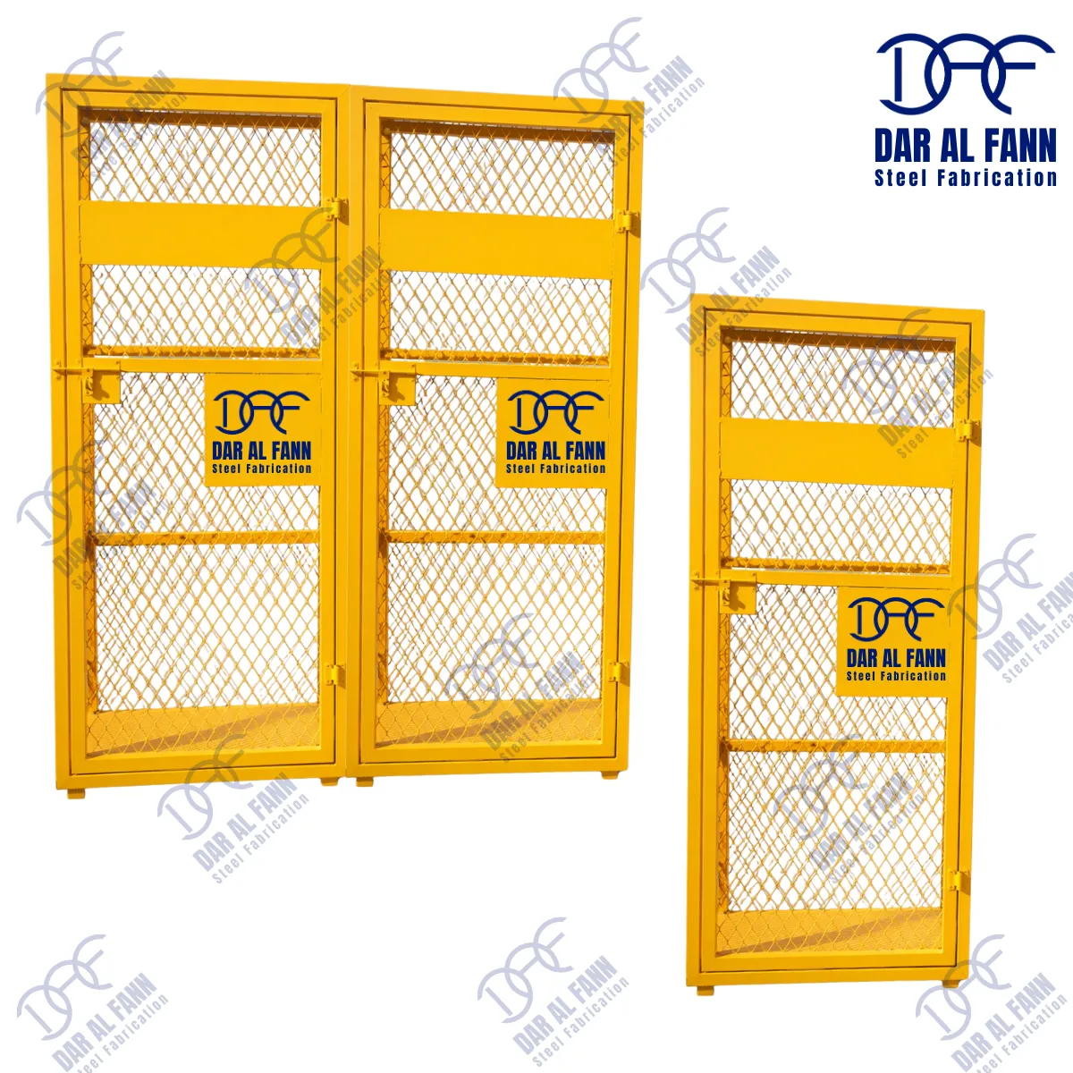 Gas cylinder storage cage for construction sites in Fujairah, UAE. Fire-resistant and tamper-proof steel cages designed for safe storage and transportation of industrial gas cylinders.
