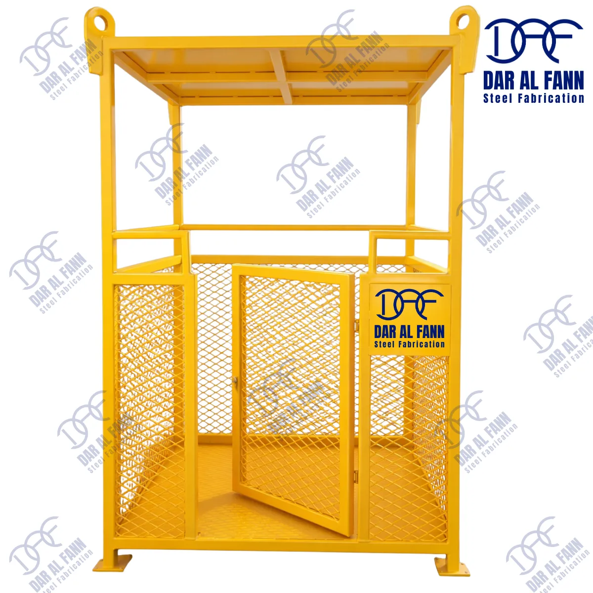 Man lifting cage for UAE construction sites manufactured with high-quality steel, anti-slip flooring, and safety rails for personnel access at height using cranes or telehandlers.
