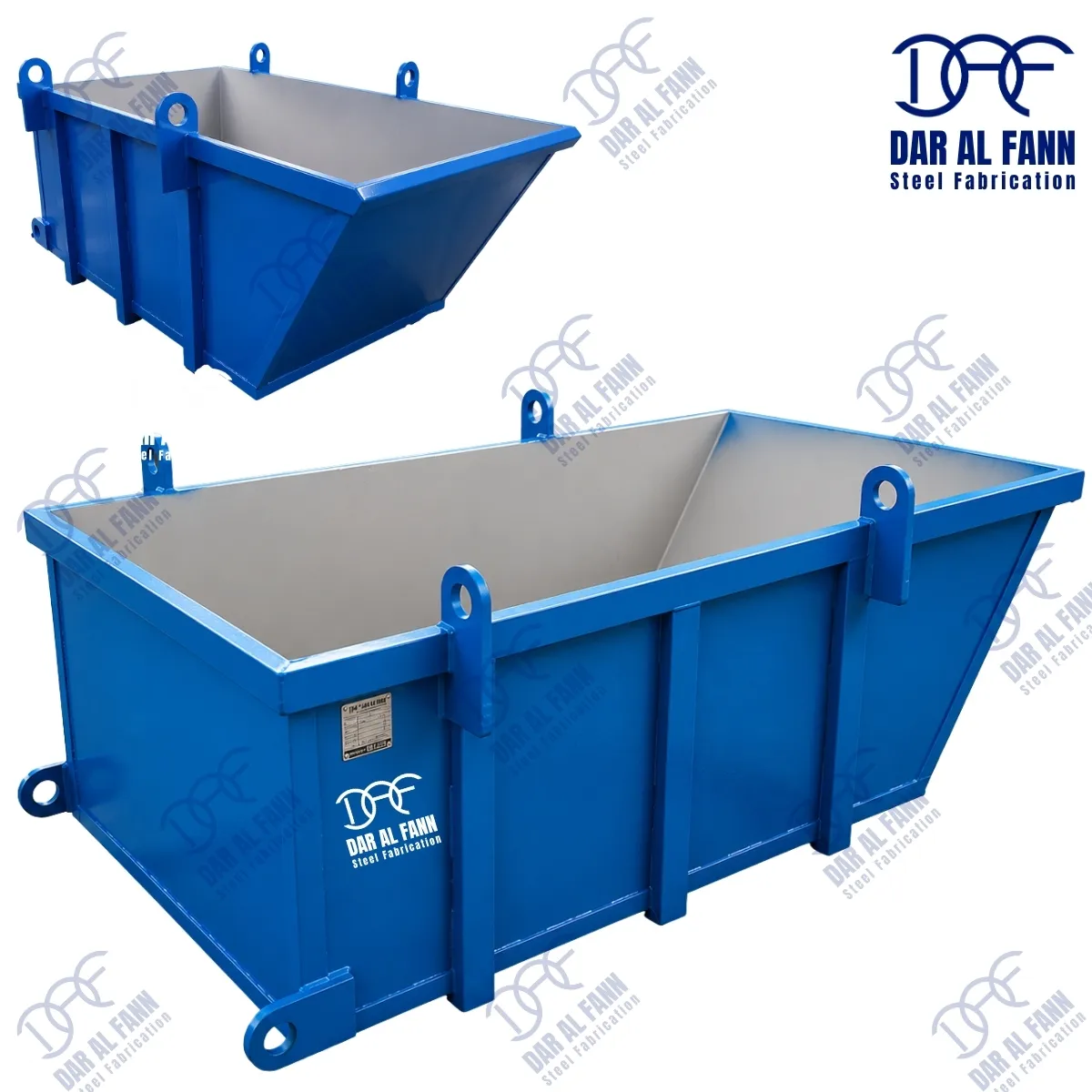 Heavy-duty material lifting bucket fabrication in UAE, custom-made steel lifting bucket designed for construction sites, durable welded structure for safe material handling, industrial-grade metal bucket manufactured for cranes and hoists.