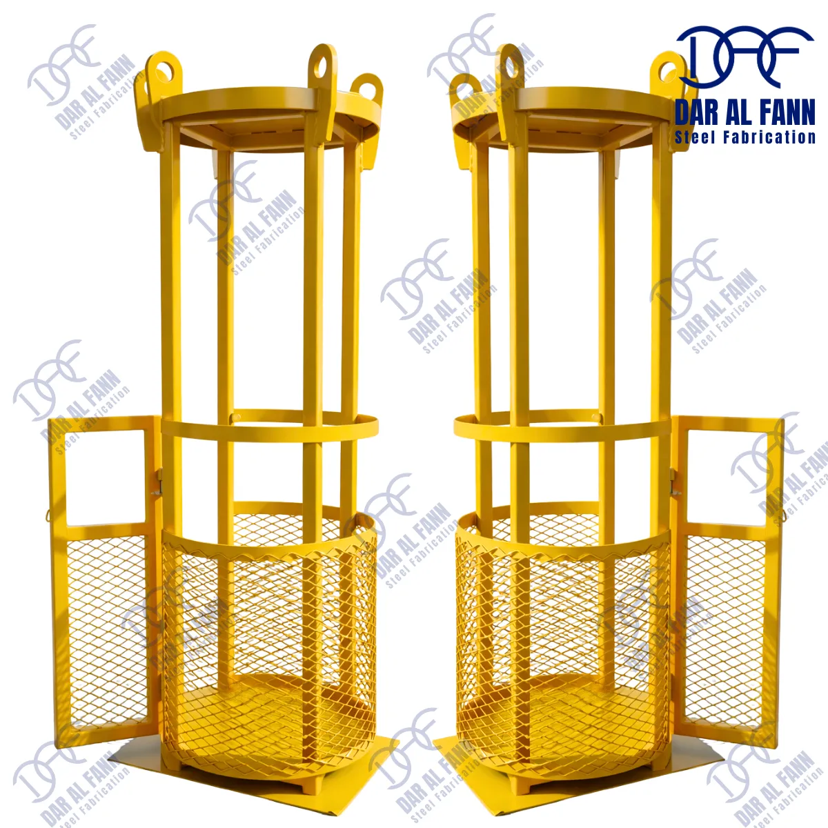 Round man lifting cage for safe personnel lifting and work at height. Constructed from strong steel with secure railing and safety locks, suitable for use with cranes or forklifts. Ideal for maintenance, construction, and industrial projects requiring elevated work platforms.